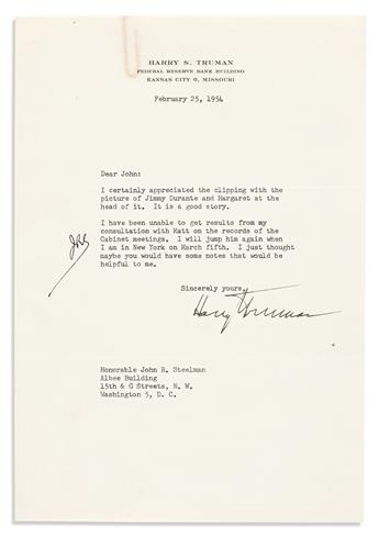 TRUMAN, HARRY S. Archive of 19 Typed Letter Signed, HarrySTruman or H.S.T., to his former Chief of Staff John Roy Steelman,